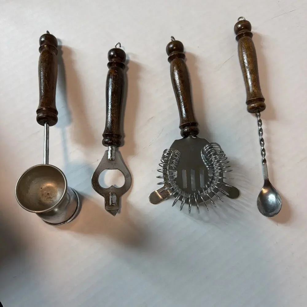 1970s Vintage Wooden Bar Tool Set